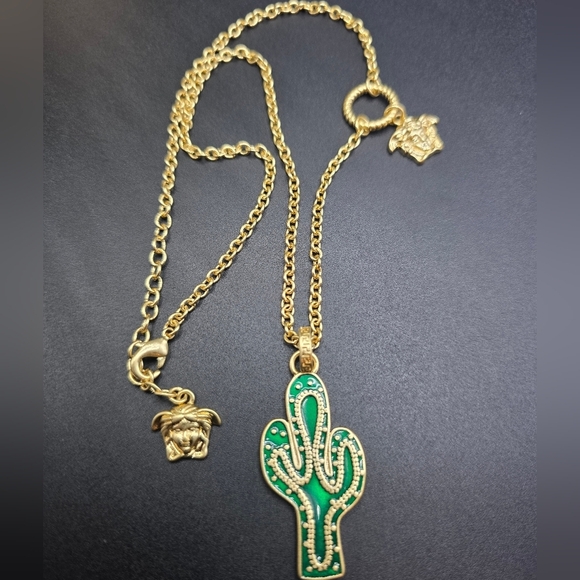 Versace Gold Necklace with Green Cactus Pendant - Picture 5 of 5